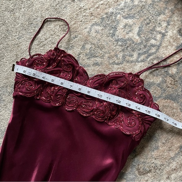 90s Vintage Burgundy Sequin Embellished Satin Slip Maxi Dress Formal Gown 4/6 - Picture 7 of 9